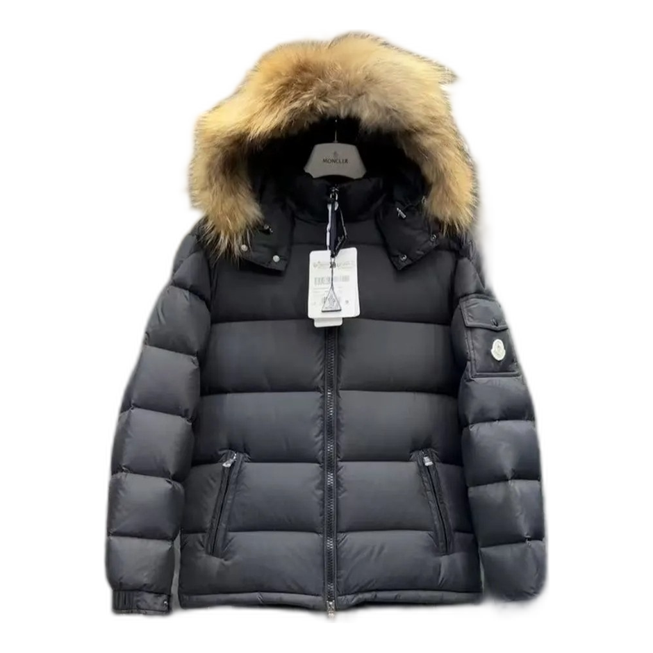 Moncler Short Down Puffer Jacket with Fur-Trimmed Hood - Black