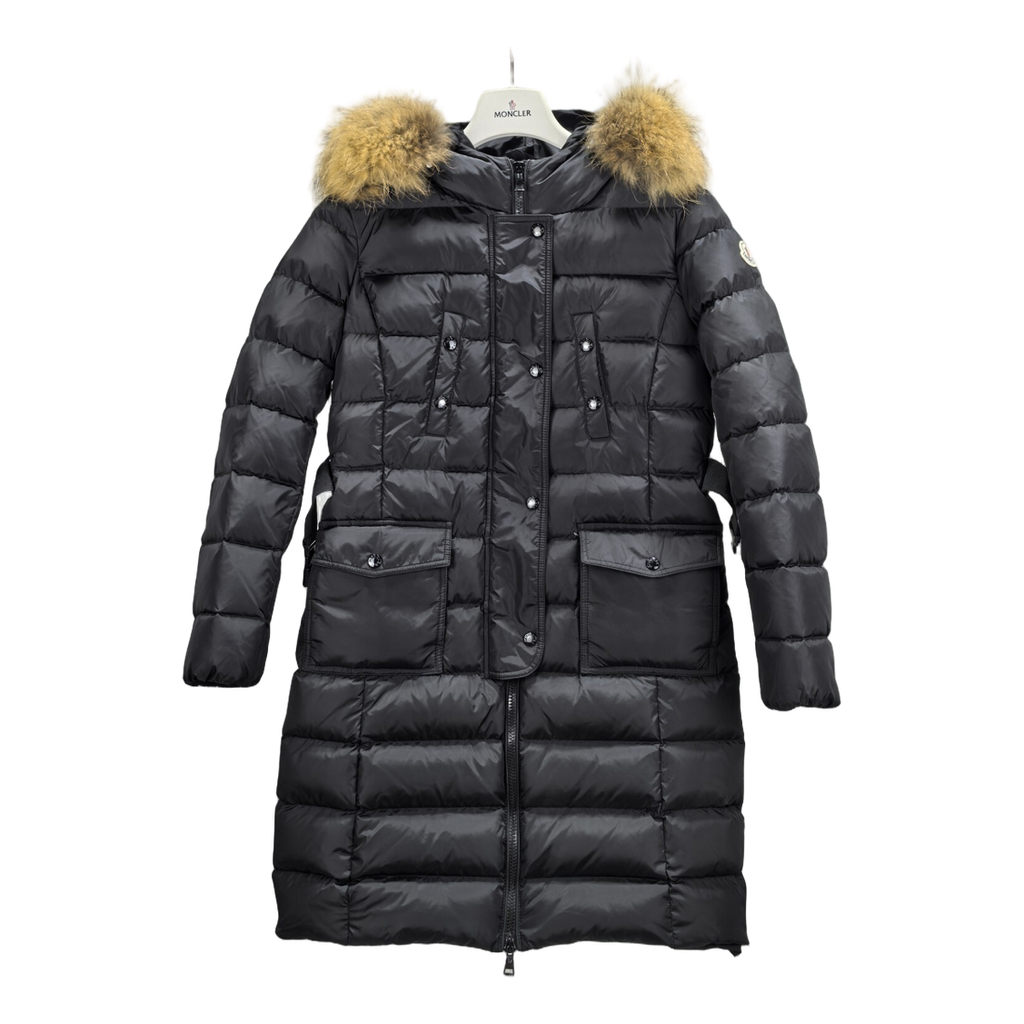Moncler Four-Pocket Long Down Coat with Fur-Trimmed Hood - Black