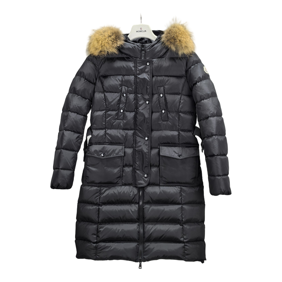 Moncler Four-Pocket Long Down Coat with Fur-Trimmed Hood - Black