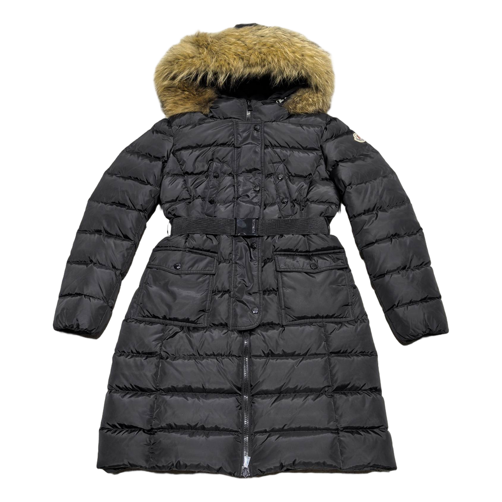 Moncler Four-Pocket Long Down Coat with Fur-Trimmed Hood - Black