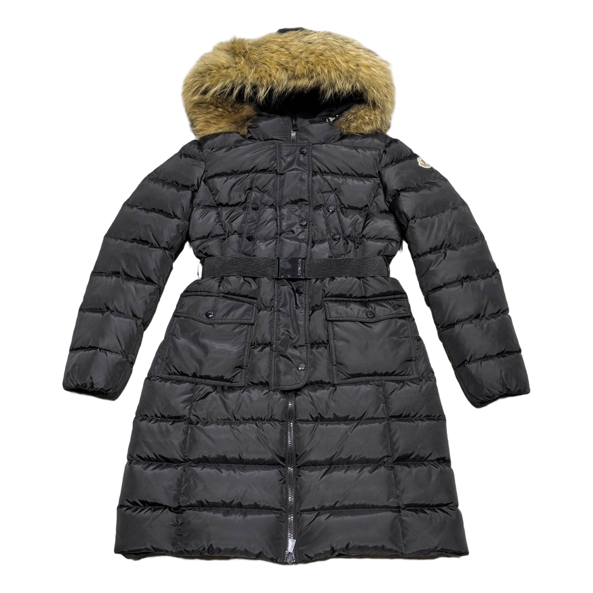Moncler Four-Pocket Long Down Coat with Fur-Trimmed Hood - Black