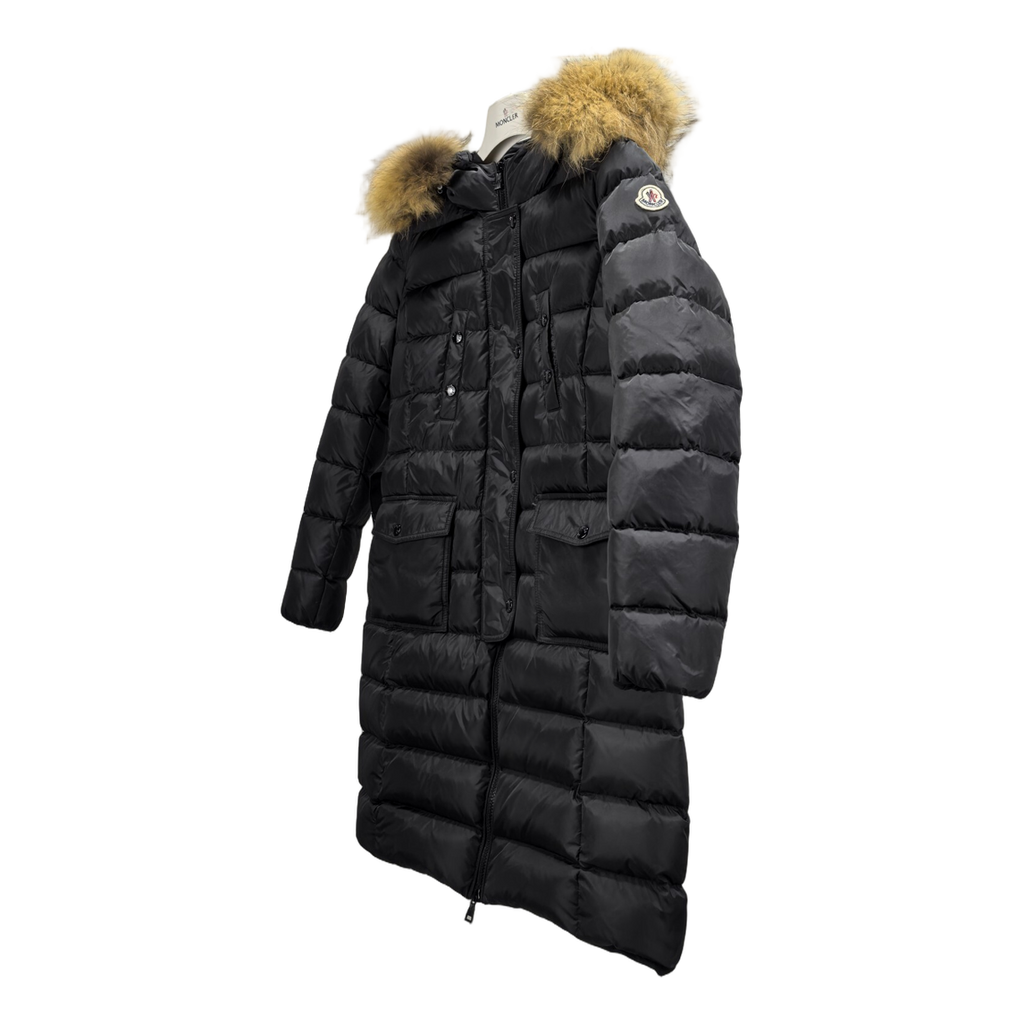 Moncler Four-Pocket Long Down Coat with Fur-Trimmed Hood - Black