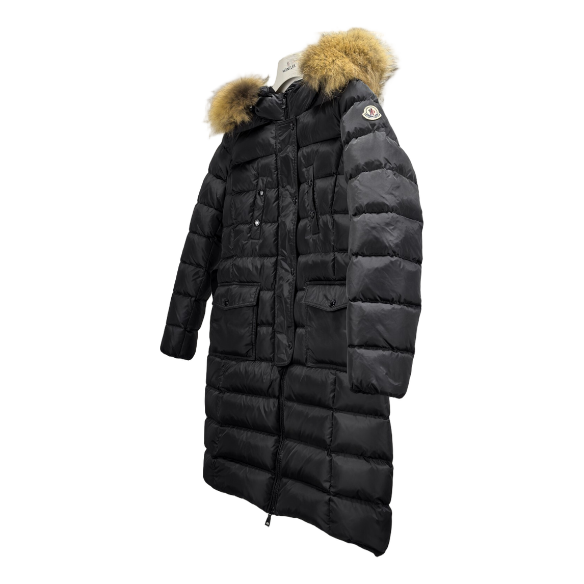 Moncler Four-Pocket Long Down Coat with Fur-Trimmed Hood - Black
