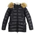 Moncler Belted Down Puffer Jacket with Fur-Trimmed Hood & Four Pockets - Black