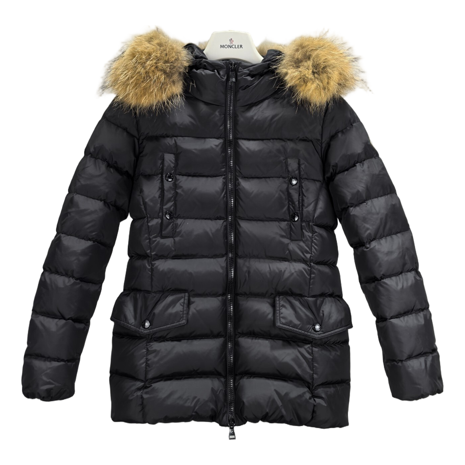 Moncler Belted Down Puffer Jacket with Fur-Trimmed Hood & Four Pockets - Black