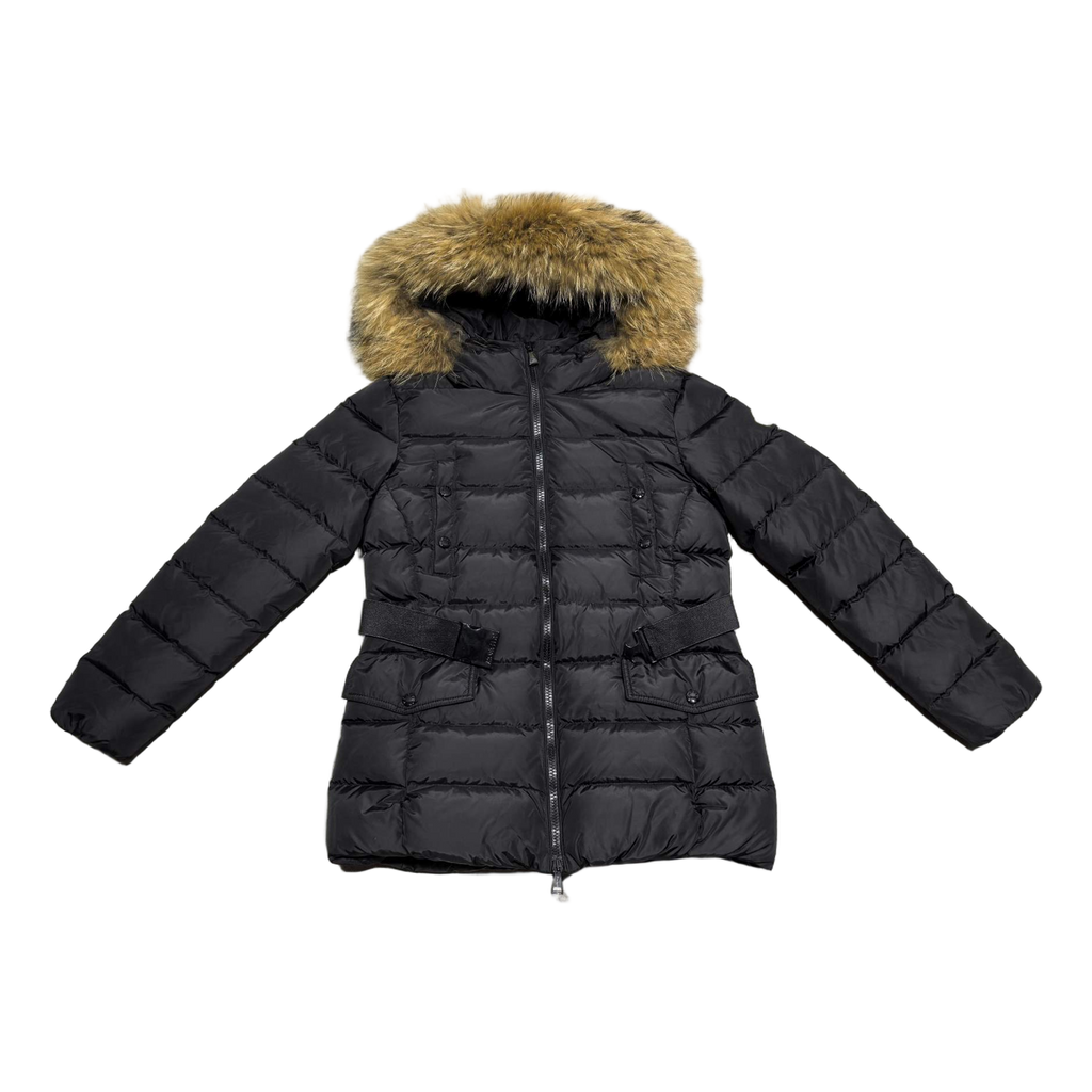 Moncler Belted Down Puffer Jacket with Fur-Trimmed Hood & Four Pockets - Black