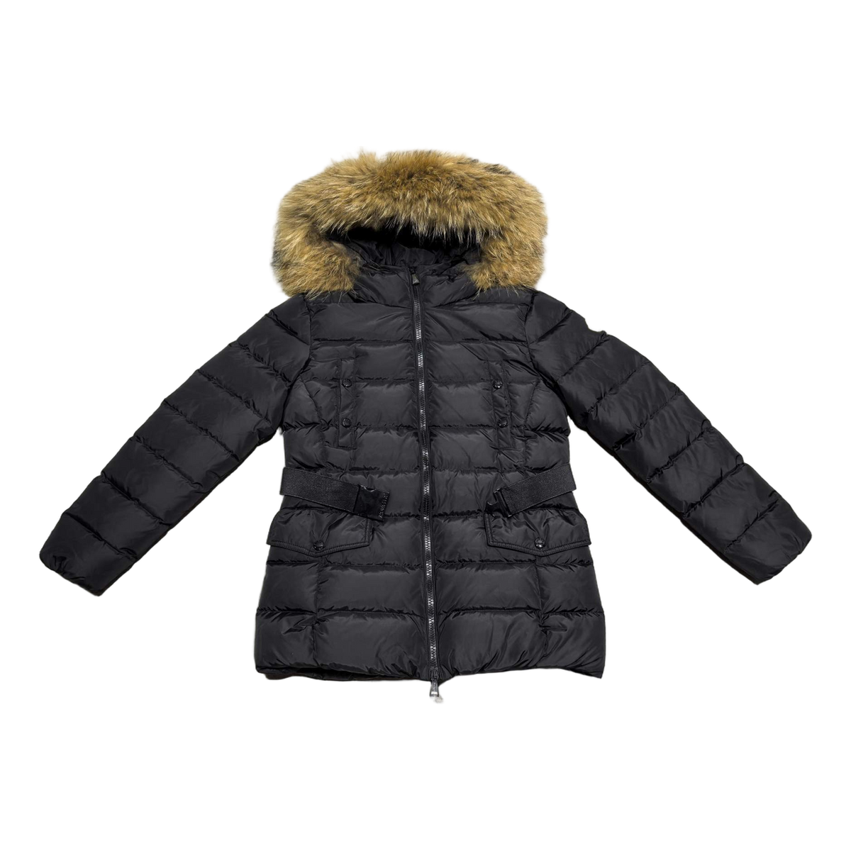 Moncler Belted Down Puffer Jacket with Fur-Trimmed Hood & Four Pockets - Black