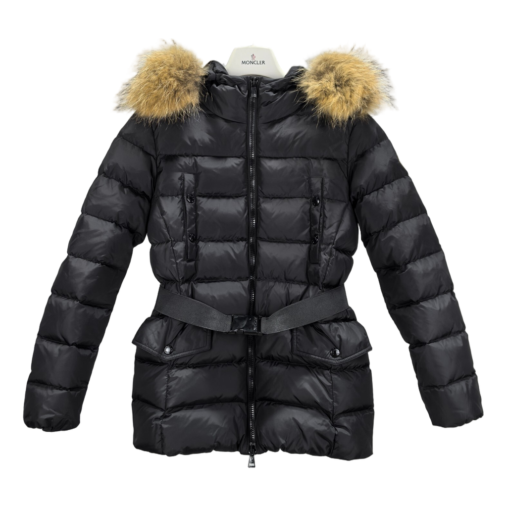 Moncler Belted Down Puffer Jacket with Fur-Trimmed Hood & Four Pockets - Black