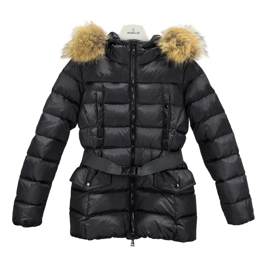 Moncler Belted Down Puffer Jacket with Fur-Trimmed Hood & Four Pockets - Black