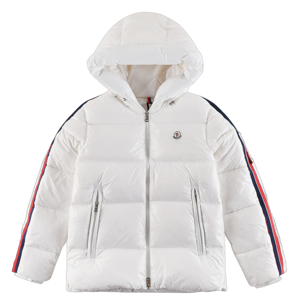 Moncler Tricolour Sleeve-Stripe Hooded Puffer Jacket in White