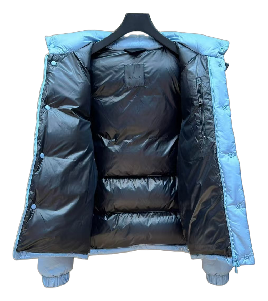 Moncler Hooded Down Puffer Jacket with Orange Badge - Ice Blue