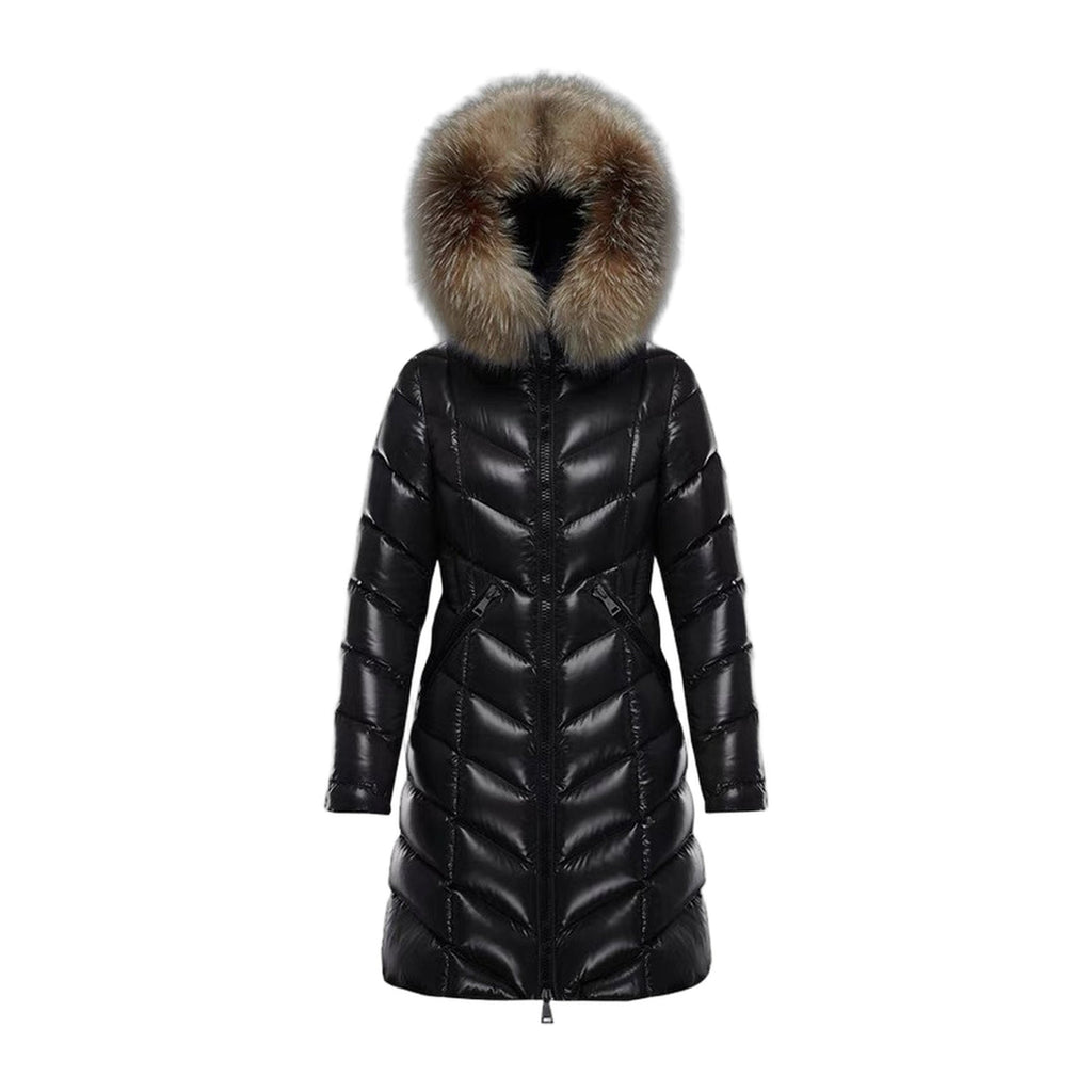 Moncler Fulmarus Chevron-Quilted Long Down Coat with Fur Trim