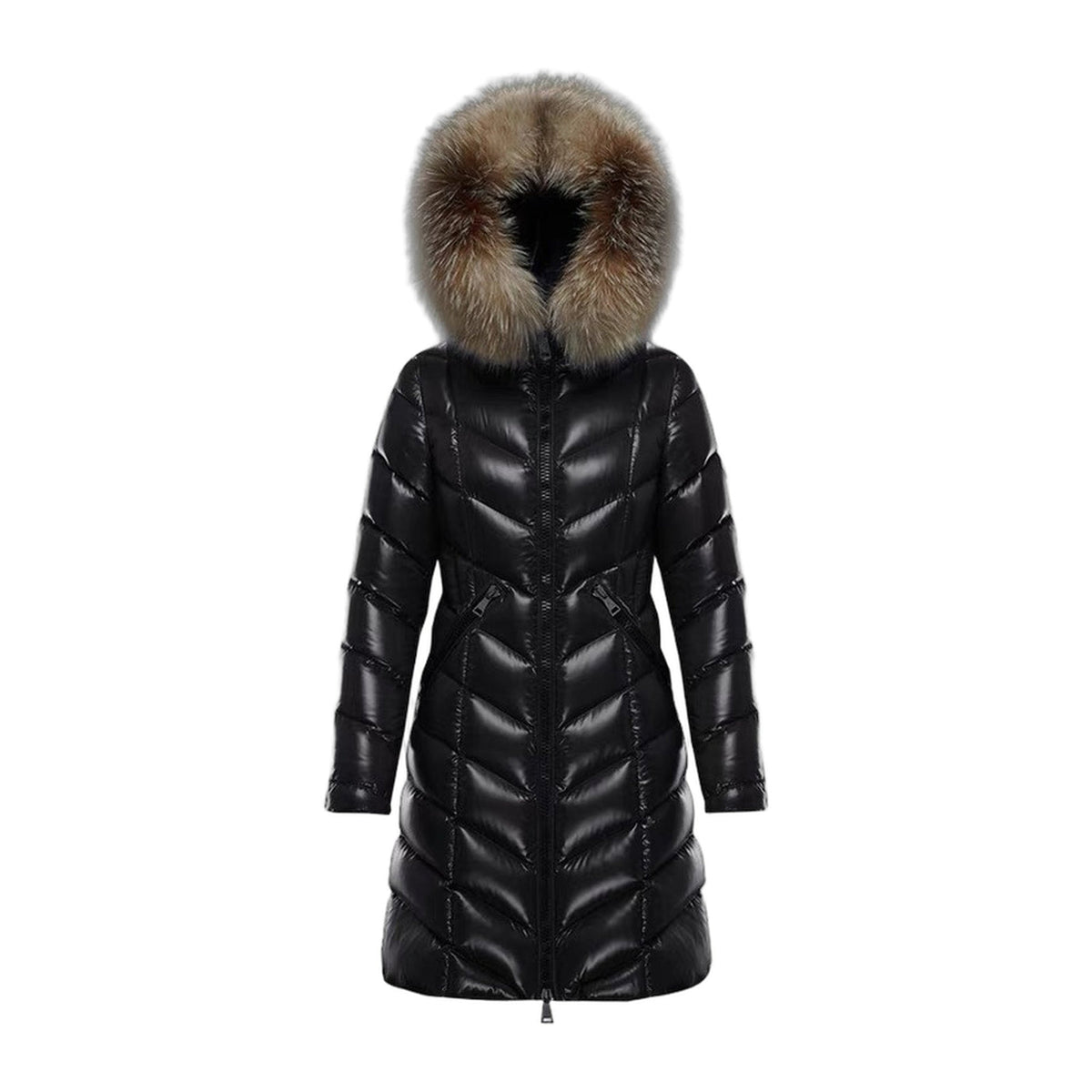 Moncler Fulmarus Chevron-Quilted Long Down Coat with Fur Trim