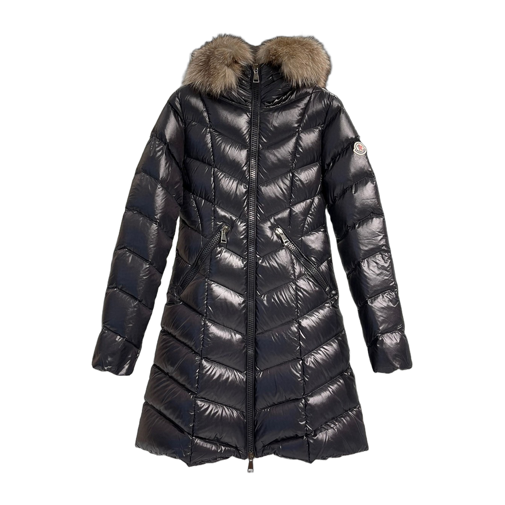 Moncler Fulmarus Chevron-Quilted Long Down Coat with Fur Trim