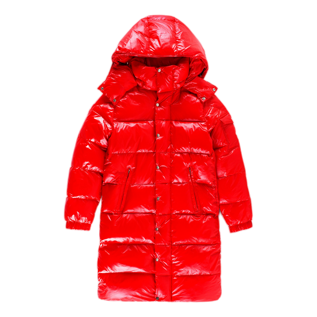 Moncler Hanoverian Glossy Hooded Long Puffer Coat in Red