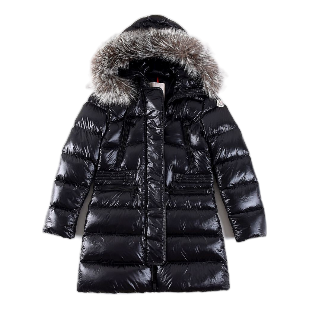 Moncler Long Down Puffer Coat with Fur-Trimmed Hood & Drawstring Waist