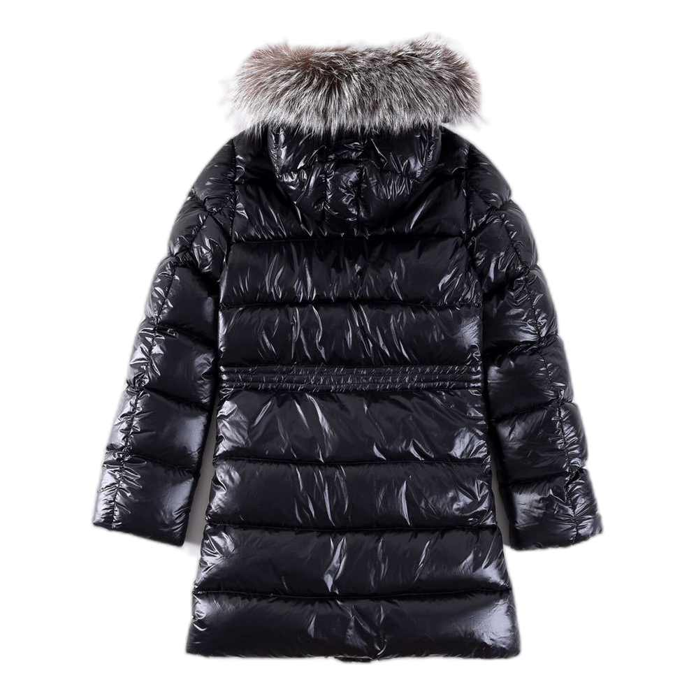 Moncler Long Down Puffer Coat with Fur-Trimmed Hood & Drawstring Waist