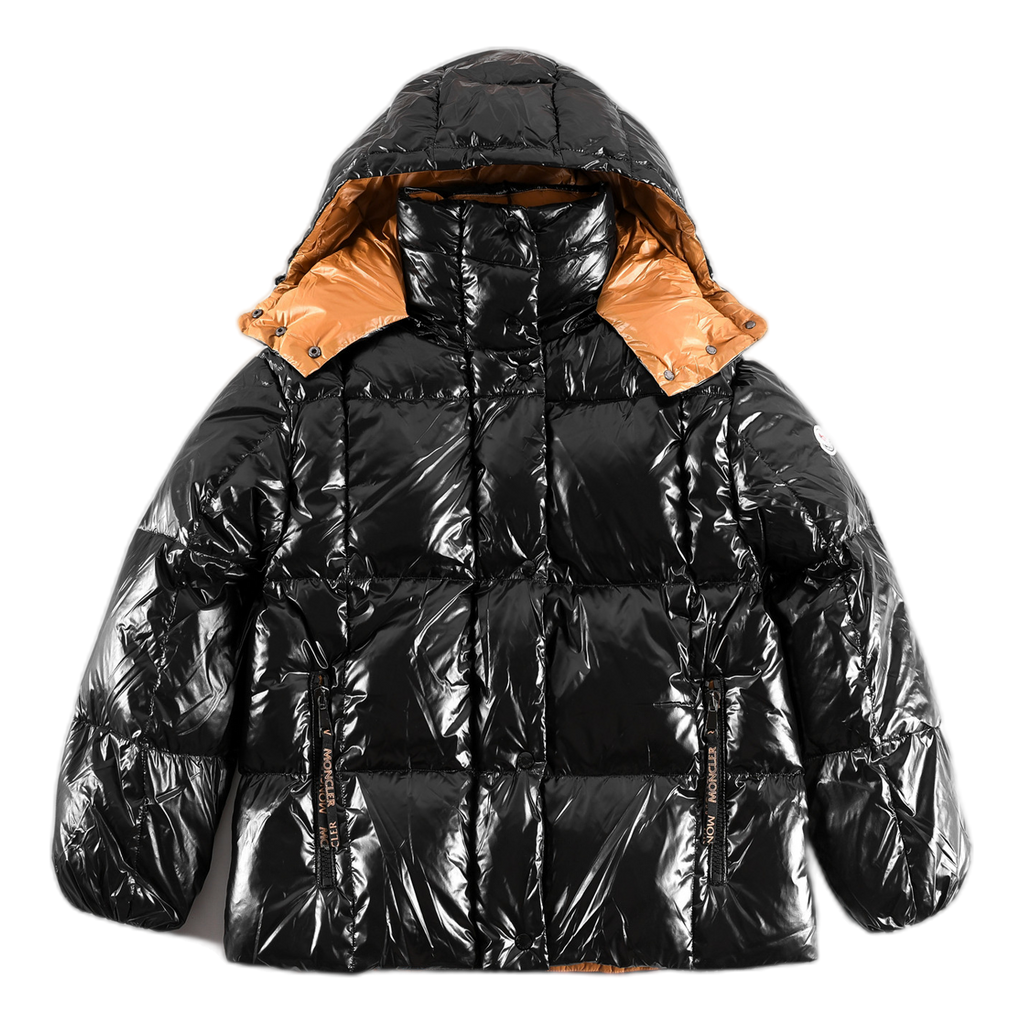 Moncler Glossy Short Down Puffer Jacket with Copper-Tone Lining - Black