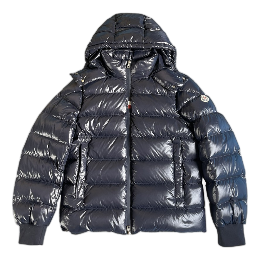 Moncler Glossy Hooded Down Puffer Jacket with Logo Zip - Navy