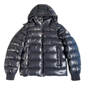Moncler Glossy Hooded Down Puffer Jacket with Logo Zip - Navy