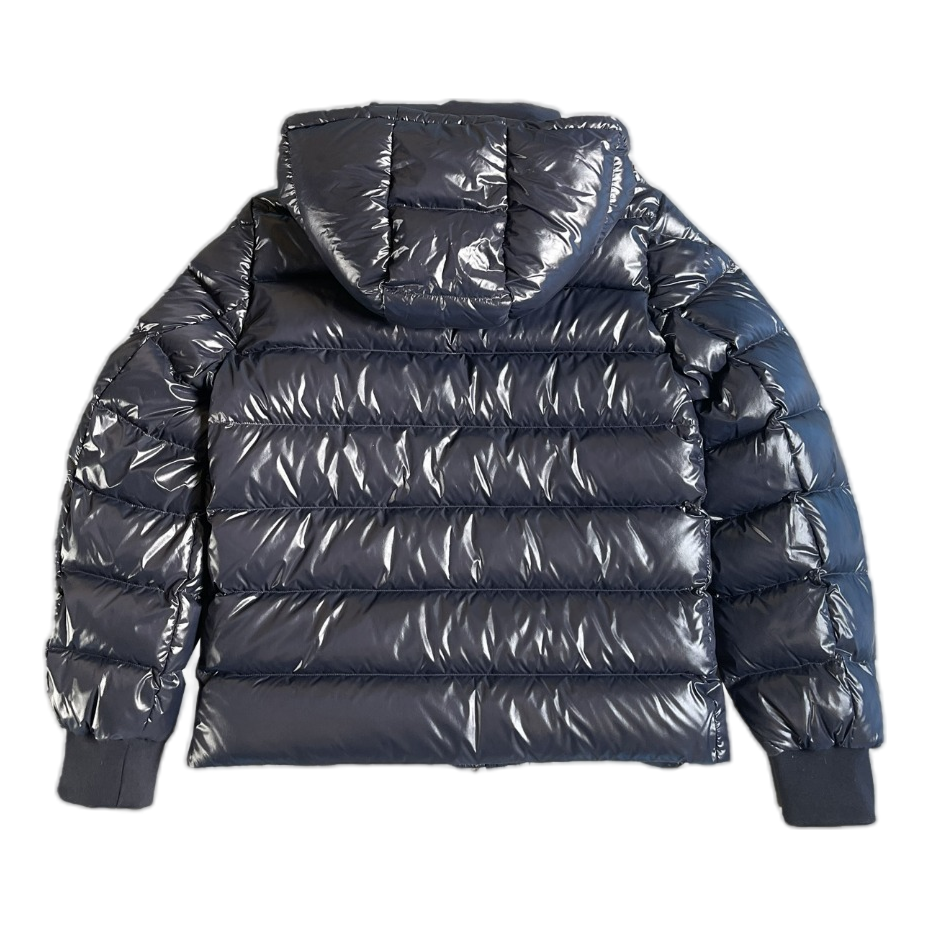 Moncler Glossy Hooded Down Puffer Jacket with Logo Zip - Navy