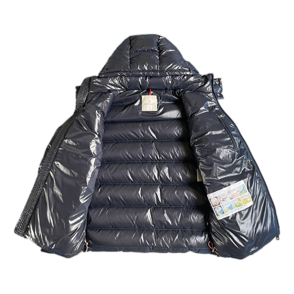 Moncler Glossy Hooded Down Puffer Jacket with Logo Zip - Navy
