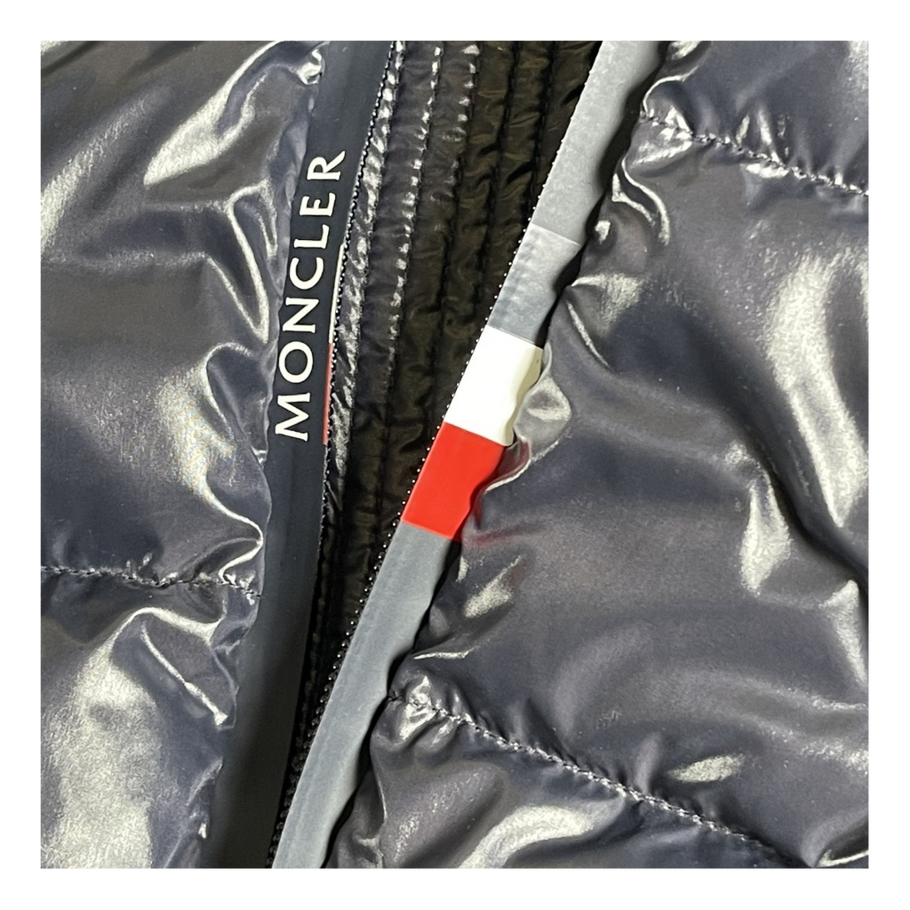 Moncler Glossy Hooded Down Puffer Jacket with Logo Zip - Navy