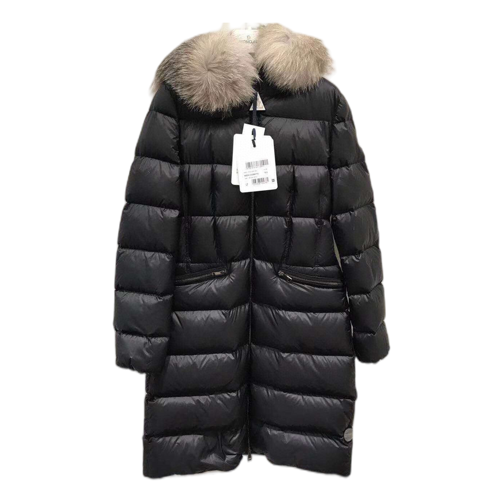 Moncler Four-Pocket Long Down Coat with Fur-Trimmed Hood - Black