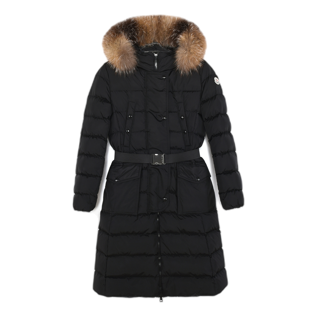 Moncler Khloe Belted Long Down Coat with Fur-Trimmed Hood - Black