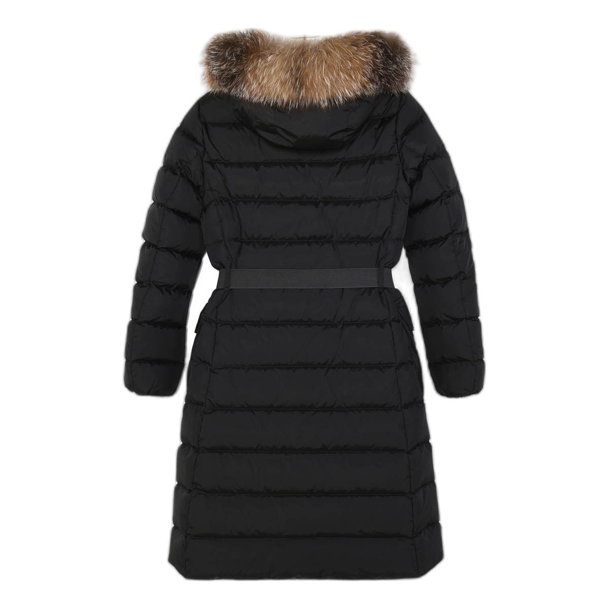 Moncler Khloe Belted Long Down Coat with Fur-Trimmed Hood - Black