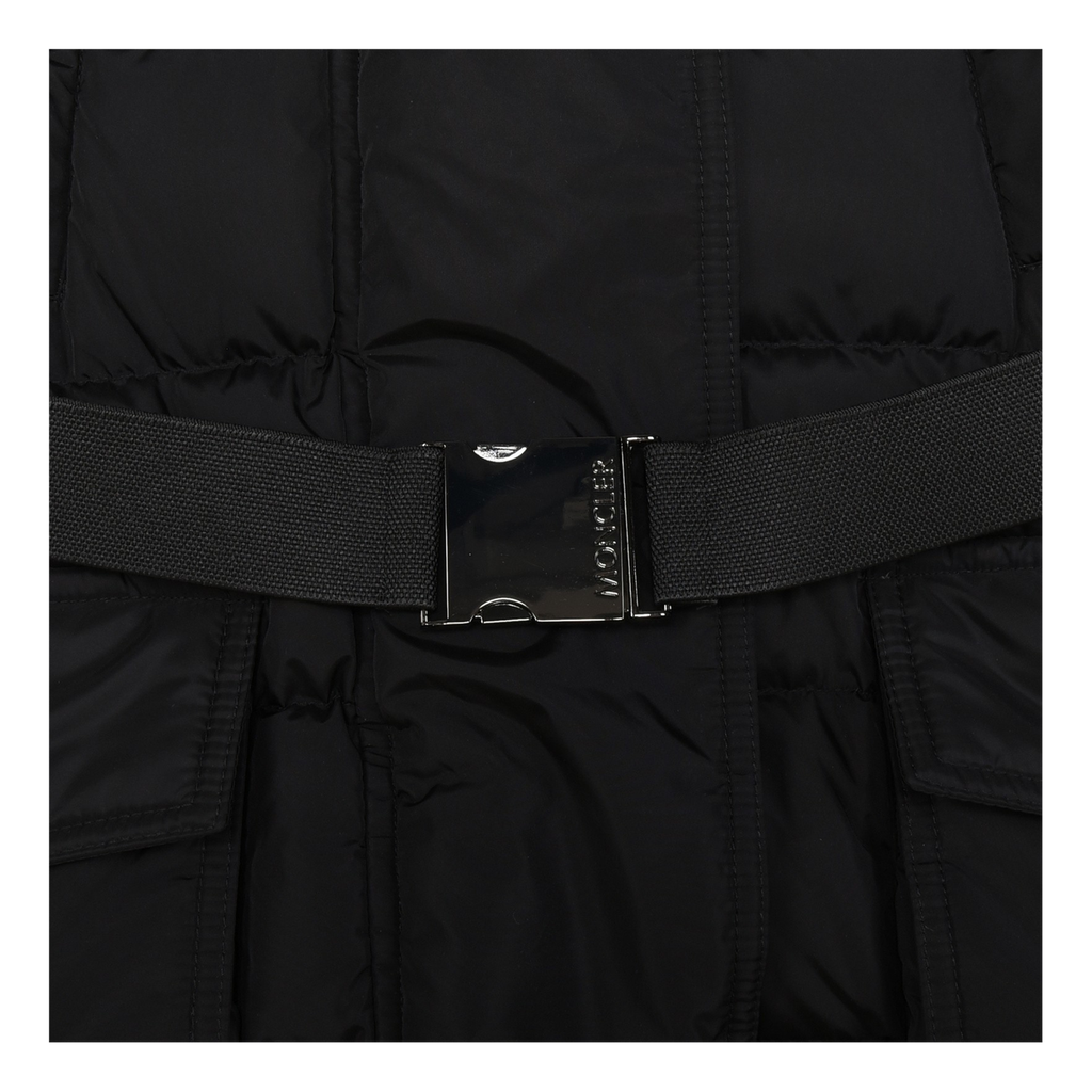 Moncler Khloe Belted Long Down Coat with Fur-Trimmed Hood - Black