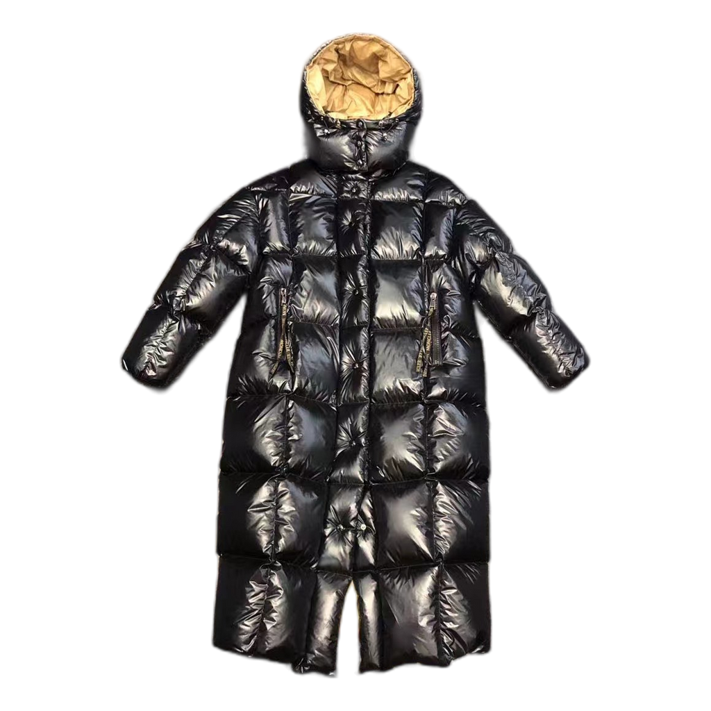 Moncler Glossy Long Down Puffer Coat with Gold Lining - Black