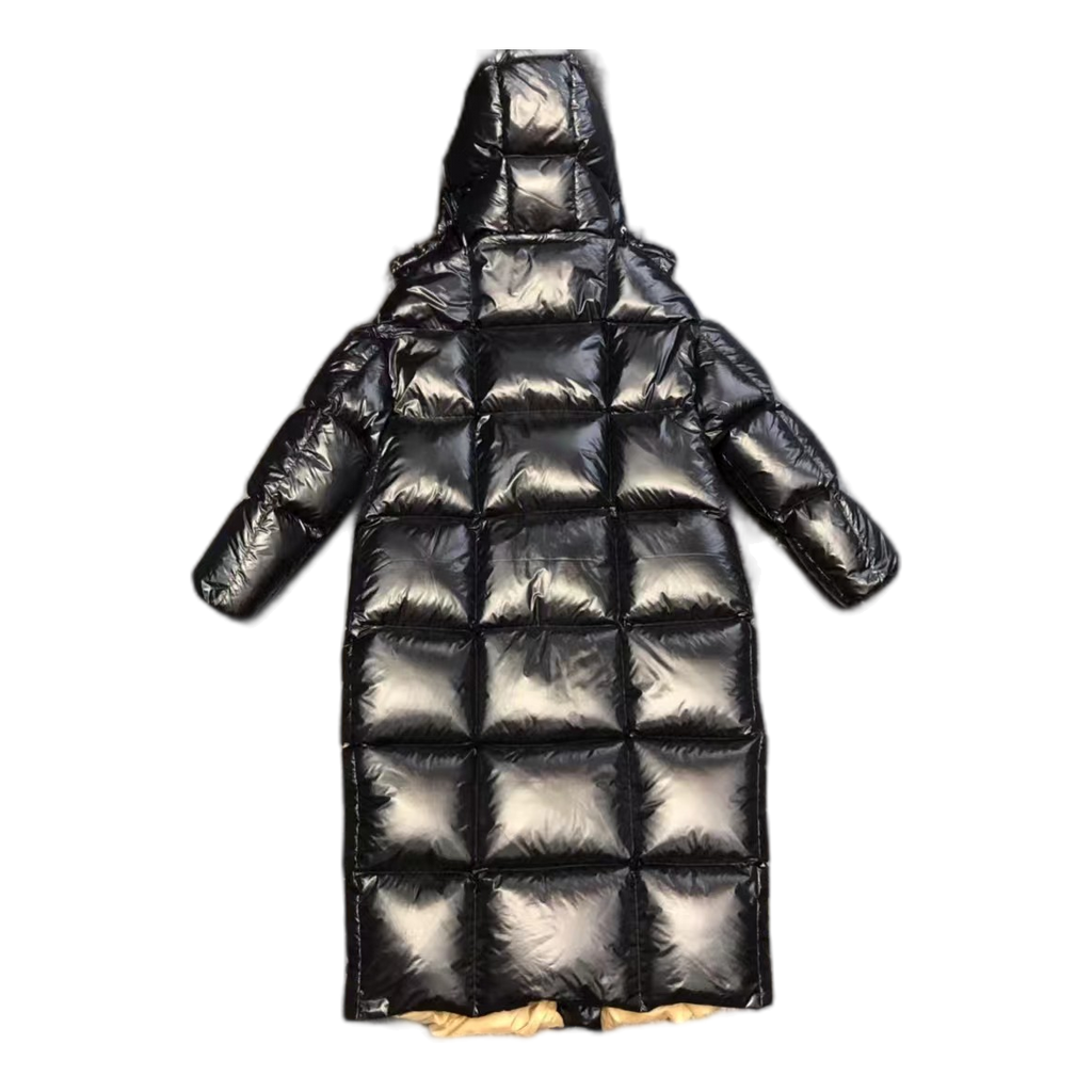 Moncler Glossy Long Down Puffer Coat with Gold Lining - Black