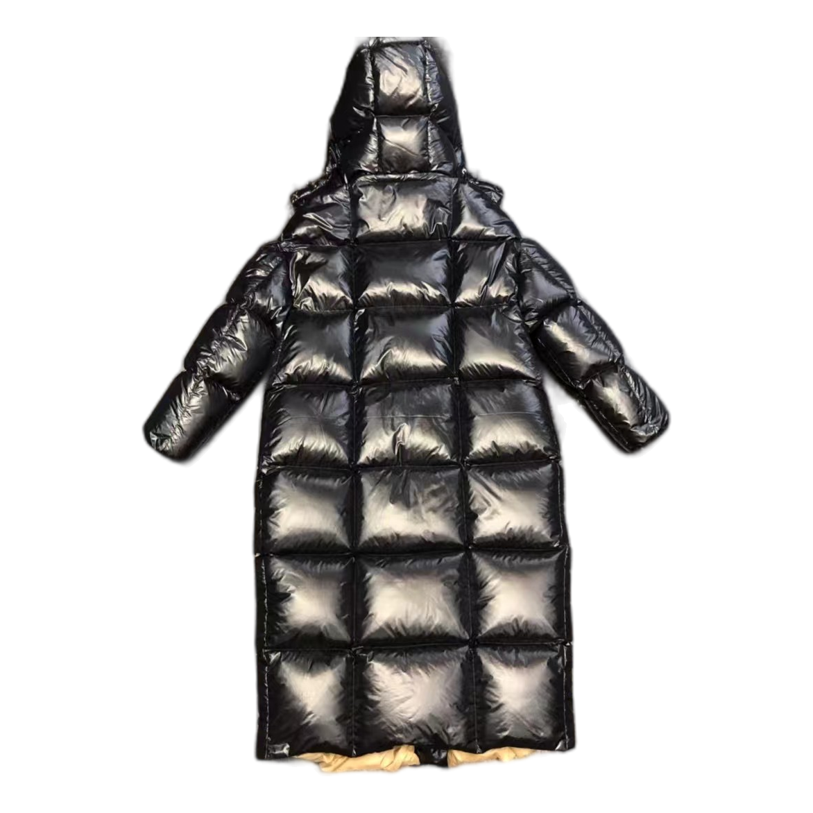 Moncler Glossy Long Down Puffer Coat with Gold Lining - Black