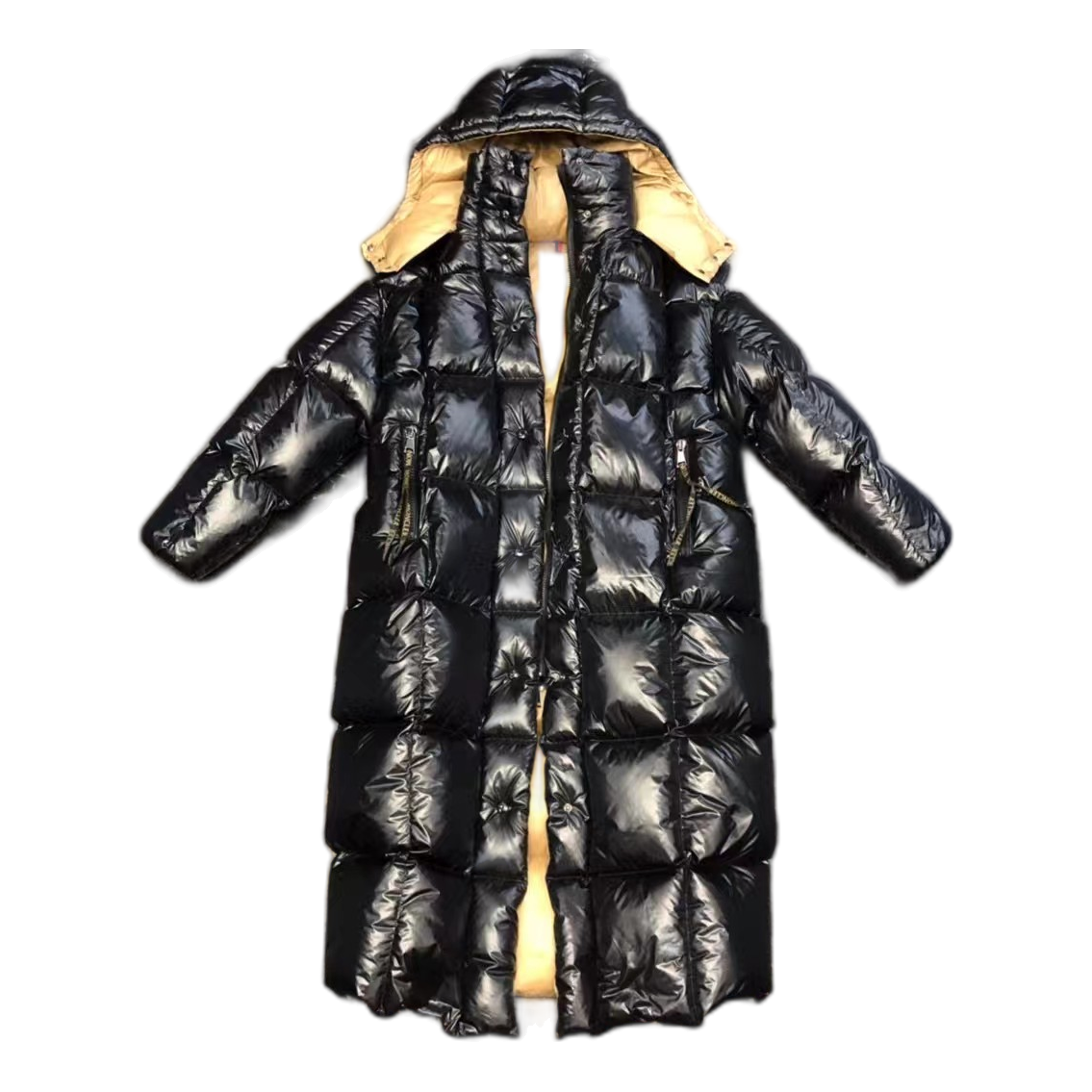 Moncler Glossy Long Down Puffer Coat with Gold Lining - Black