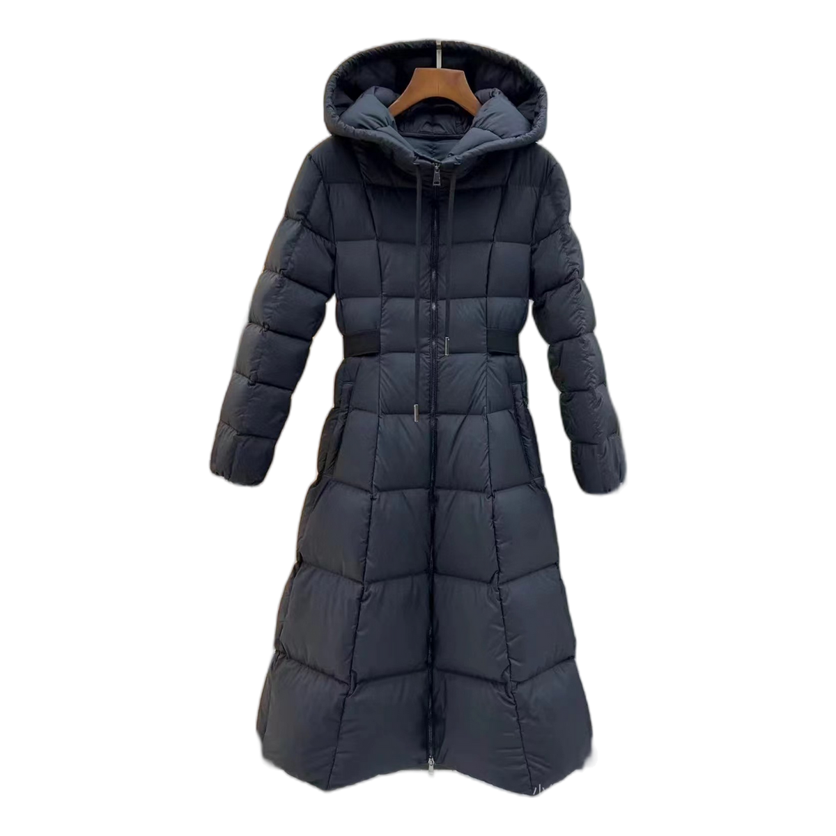 Moncler Fitted Long Down Puffer Coat with Drawstring Hood - Black