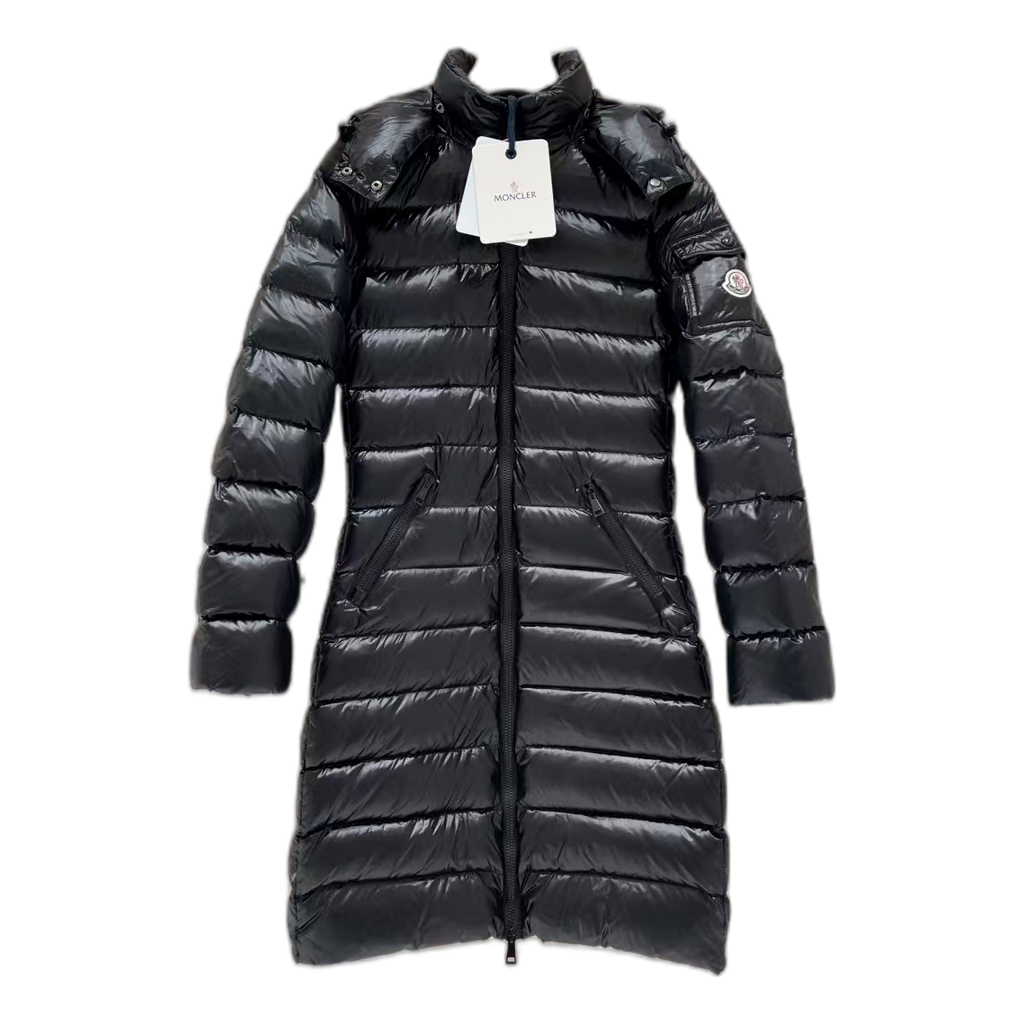 Moncler Long Quilted Down Coat with Fur-Trimmed Hood - Black