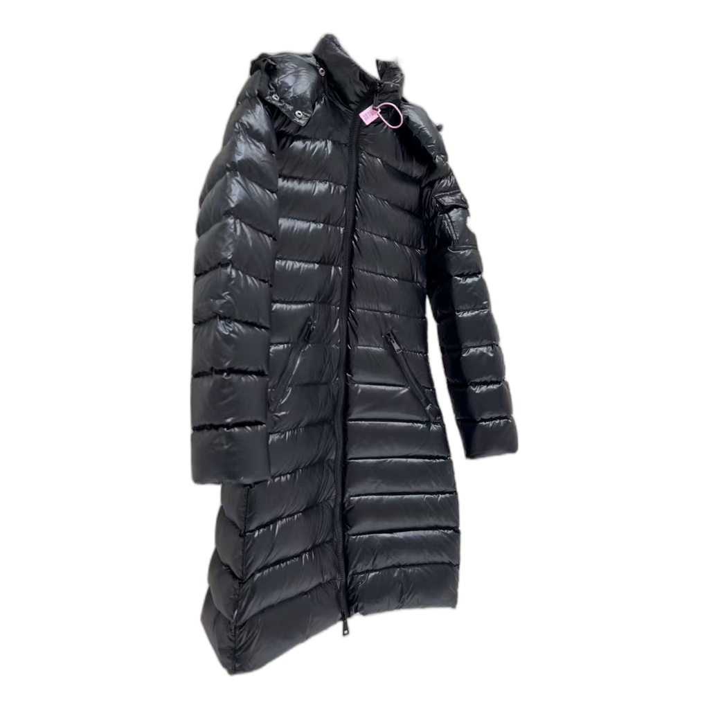 Moncler Long Quilted Down Coat with Fur-Trimmed Hood - Black