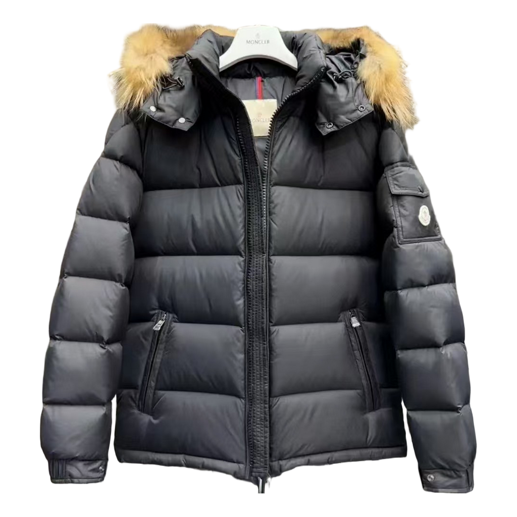 Moncler Hooded Down Puffer Jacket with Fur Trim - Black
