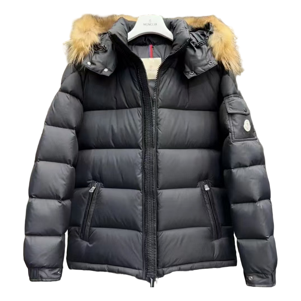 Moncler Hooded Down Puffer Jacket with Fur Trim - Black