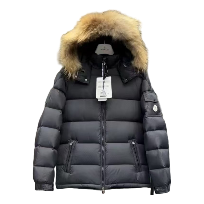 Moncler Hooded Down Puffer Jacket with Fur Trim - Black