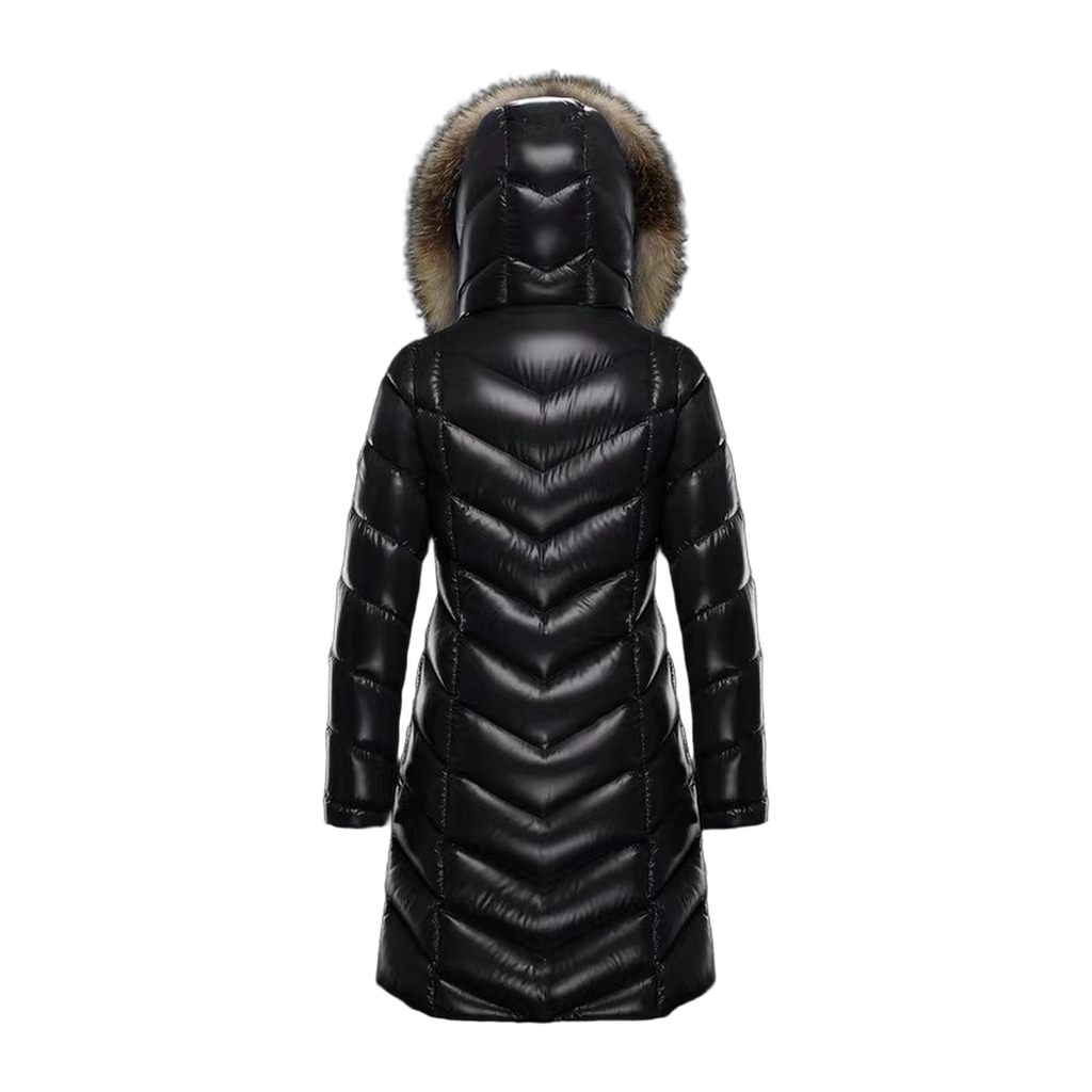 Moncler Fulmarus Chevron-Quilted Long Down Coat with Fur Trim