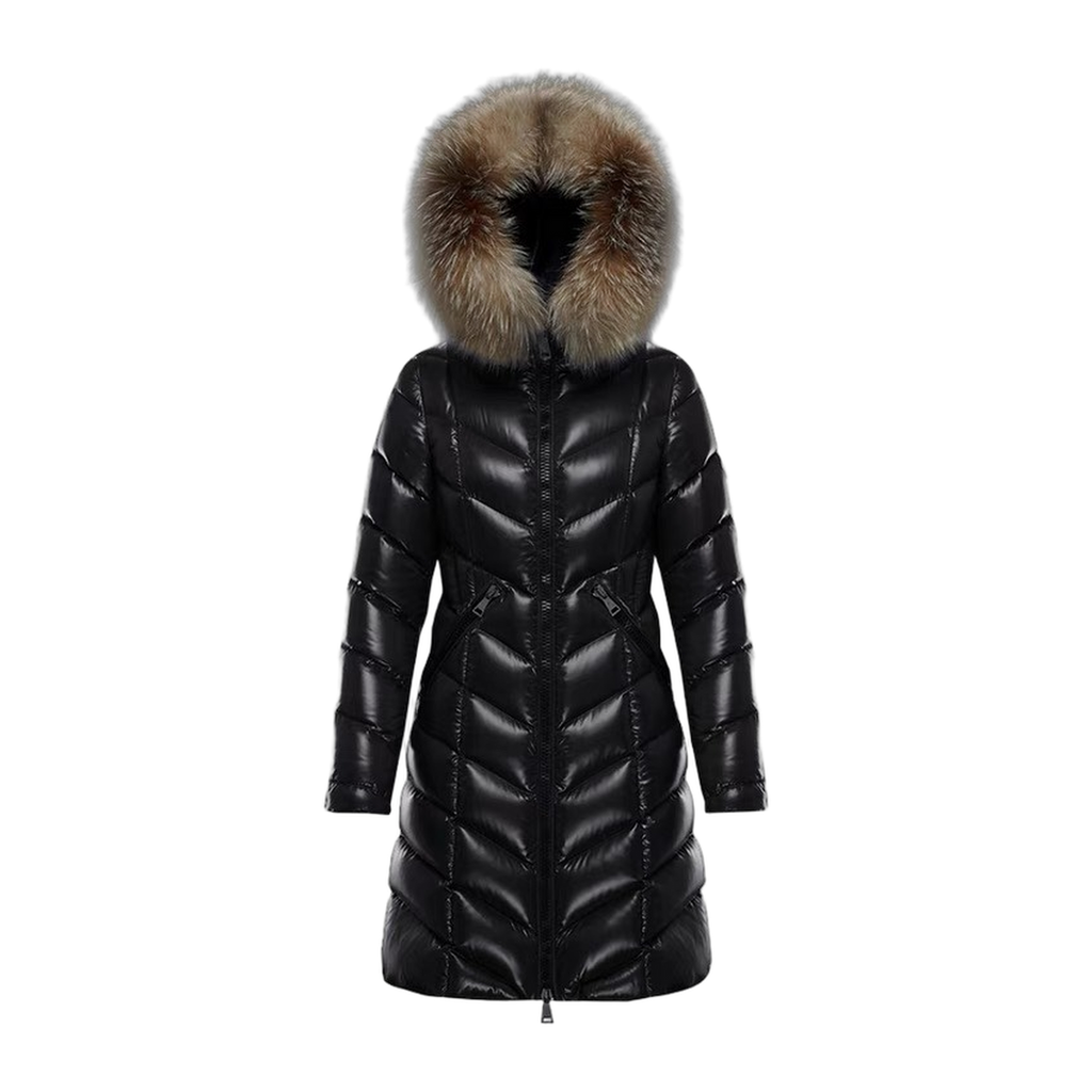Moncler Fulmarus Chevron-Quilted Long Down Coat with Fur Trim