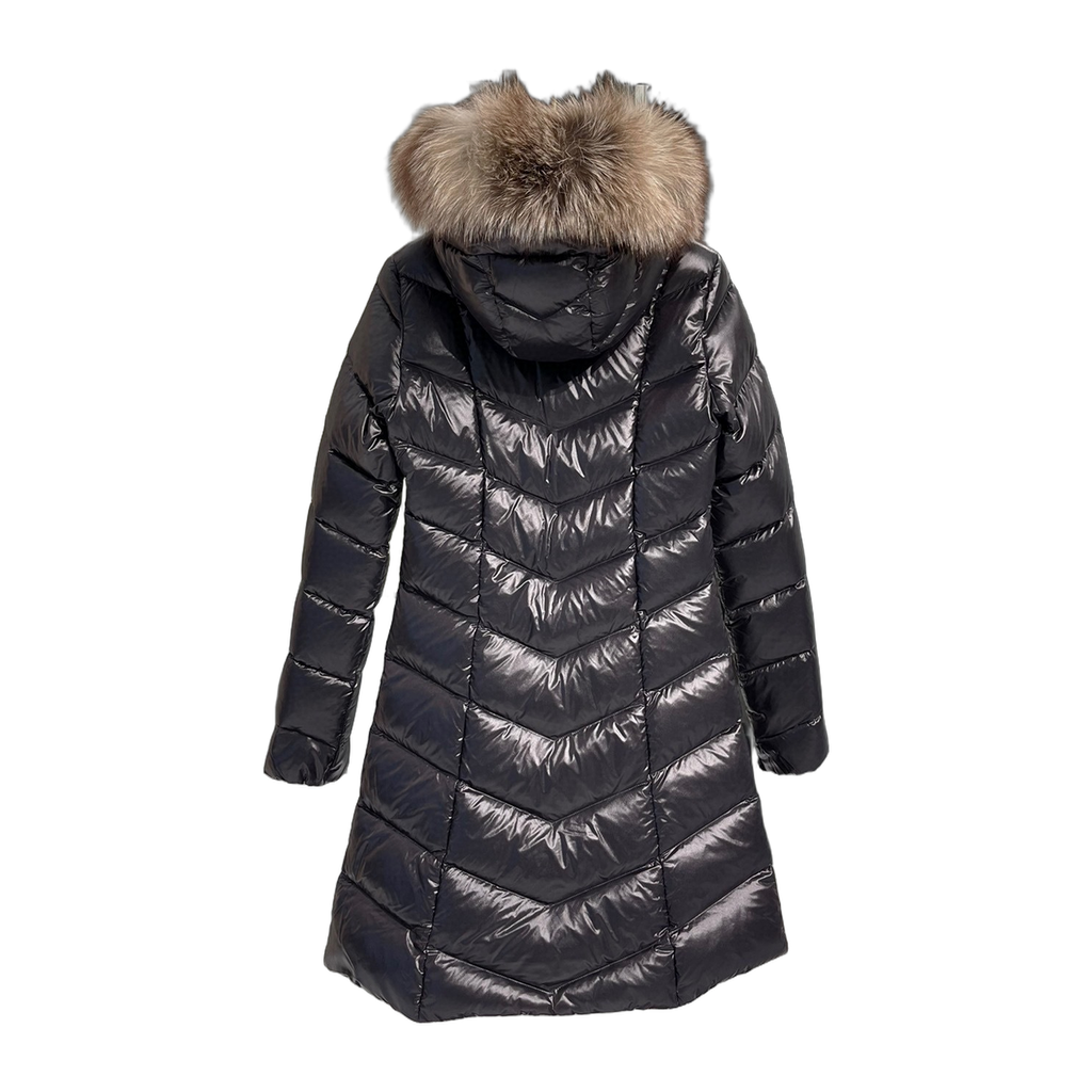 Moncler Fulmarus Chevron-Quilted Long Down Coat with Fur Trim