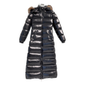 Moncler Glossy Long Down Coat with Fur-Trimmed Hood
