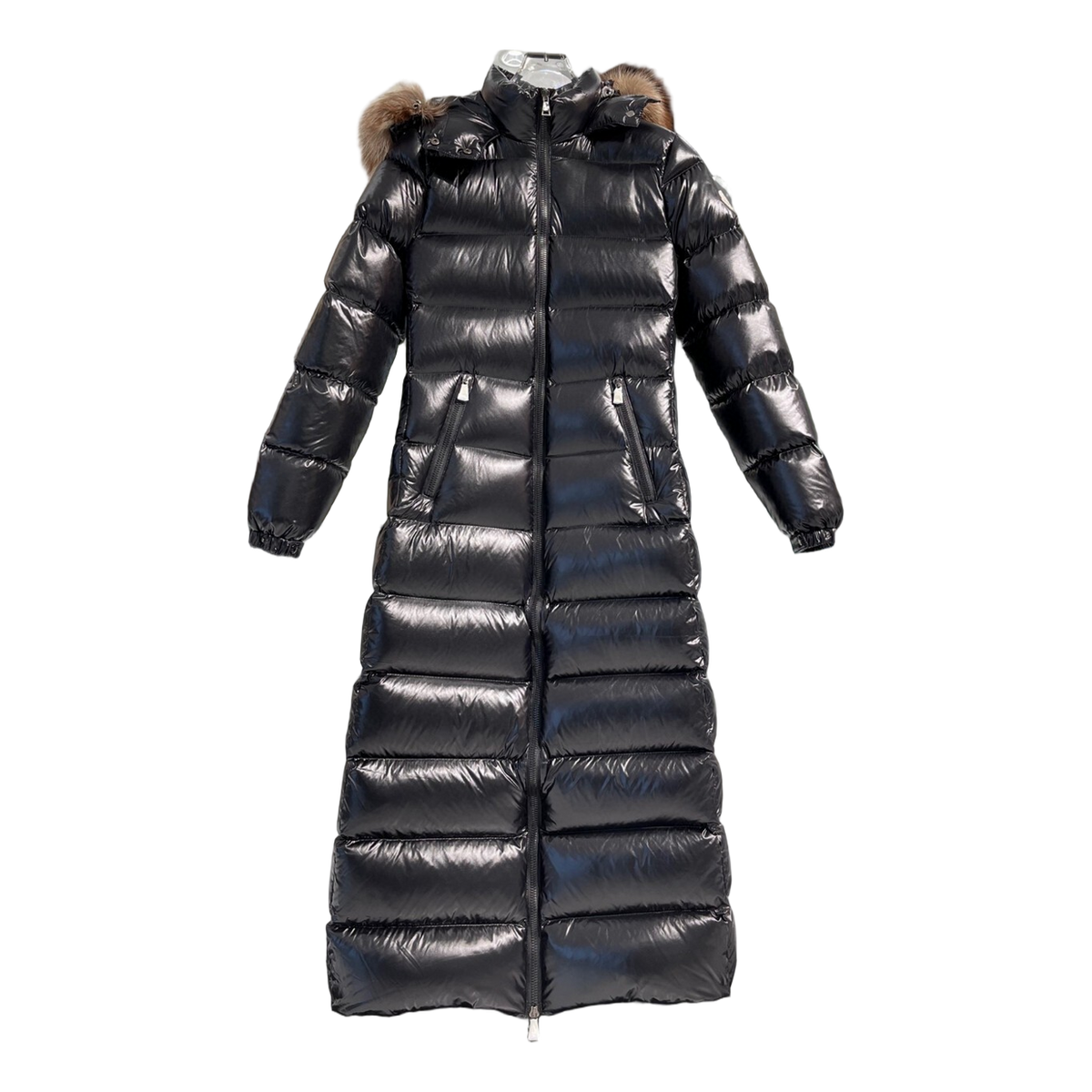 Moncler Glossy Long Down Coat with Fur-Trimmed Hood