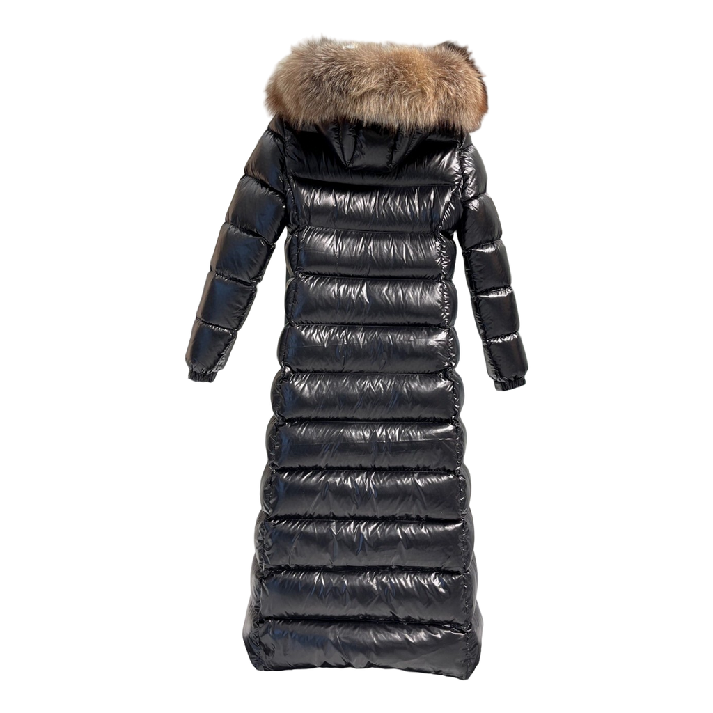 Moncler Glossy Long Down Coat with Fur-Trimmed Hood