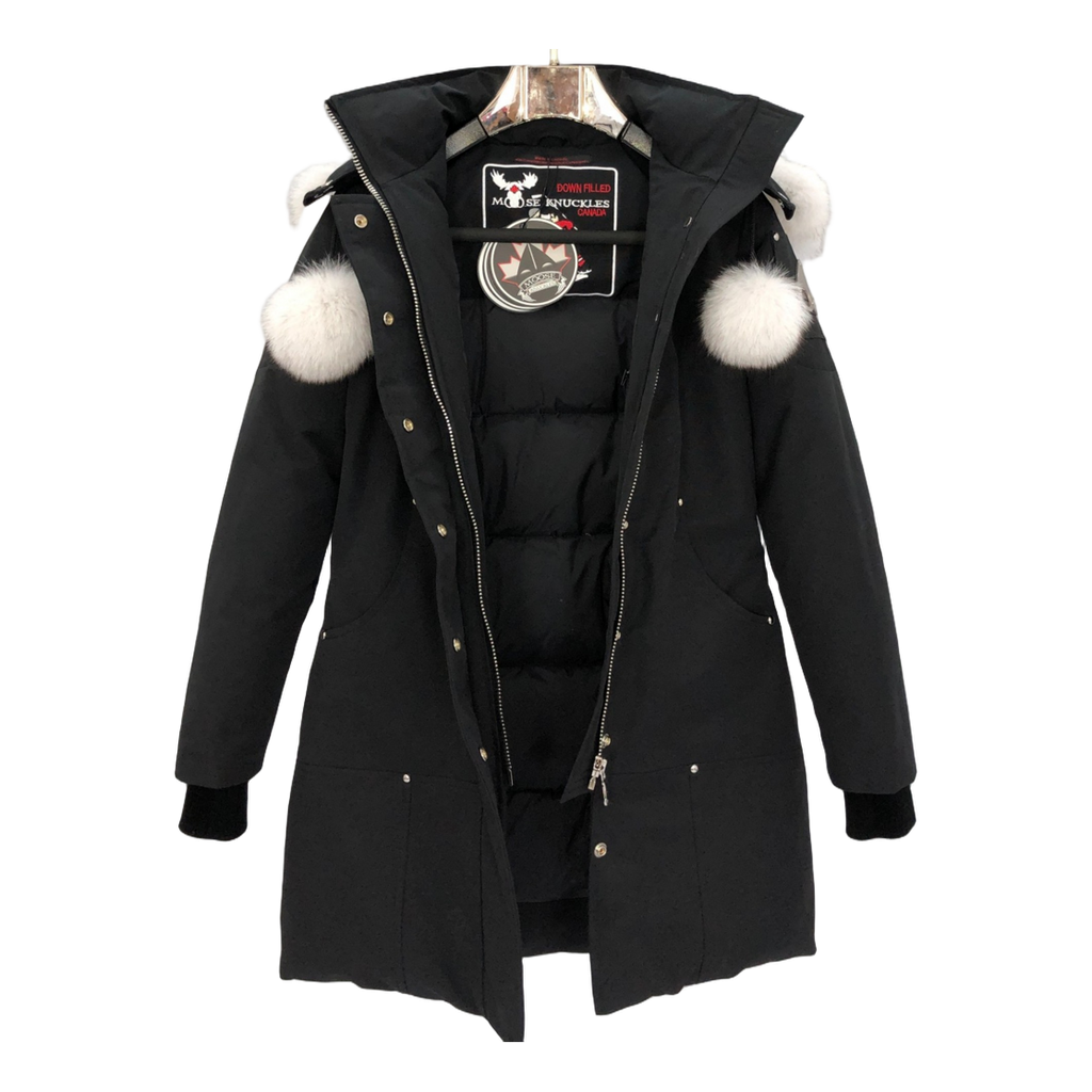 Moose Knuckles Stirling Down Parka with White Fur Trim & Pom-Pom