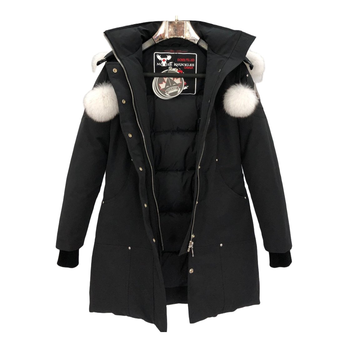 Moose Knuckles Stirling Down Parka with White Fur Trim & Pom-Pom