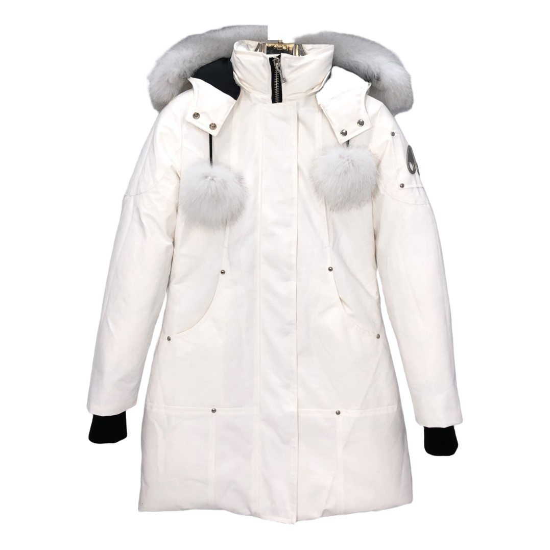 Moose Knuckles Stirling Down Parka with White Fur Trim & Pom-Pom